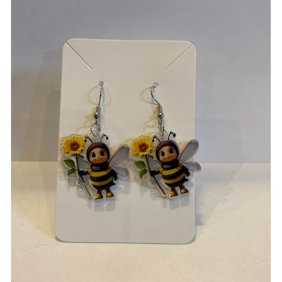 Earrings Bumblebee Daisy Flower Dangle Whimsical Lightweight Fun Statement - Picture 1 of 5